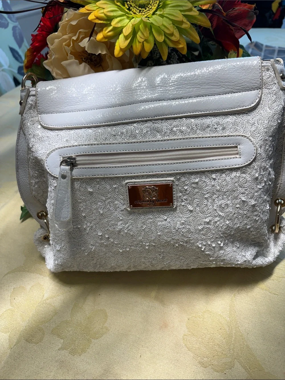 Sharif White Satchel with Pink, Gold and Red Floral Accents